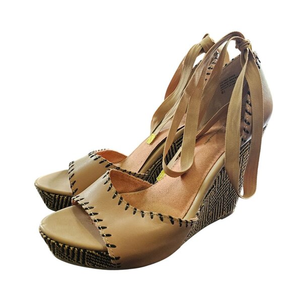 Tan Woven Wedge Heels With Ankle Tie Strap & Black Stitch Detail Womens Size 8.5 - Picture 3 of 15